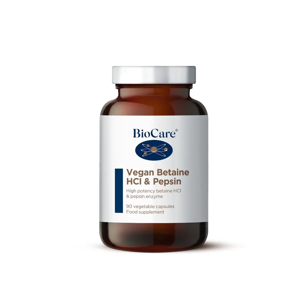 Веган Бетаин хидрохлорид + Пепсин / BioCare Vegan Betaine HCl &amp; Pepsin / 90 Vcaps